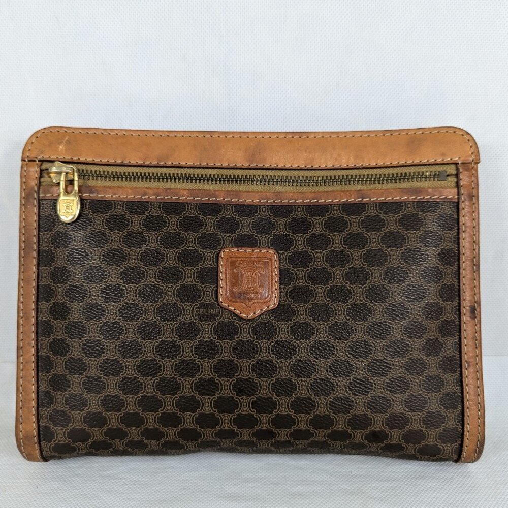 Celine Macadam Vintage Clutch Bag Brown Beige Pouch Made in Italy